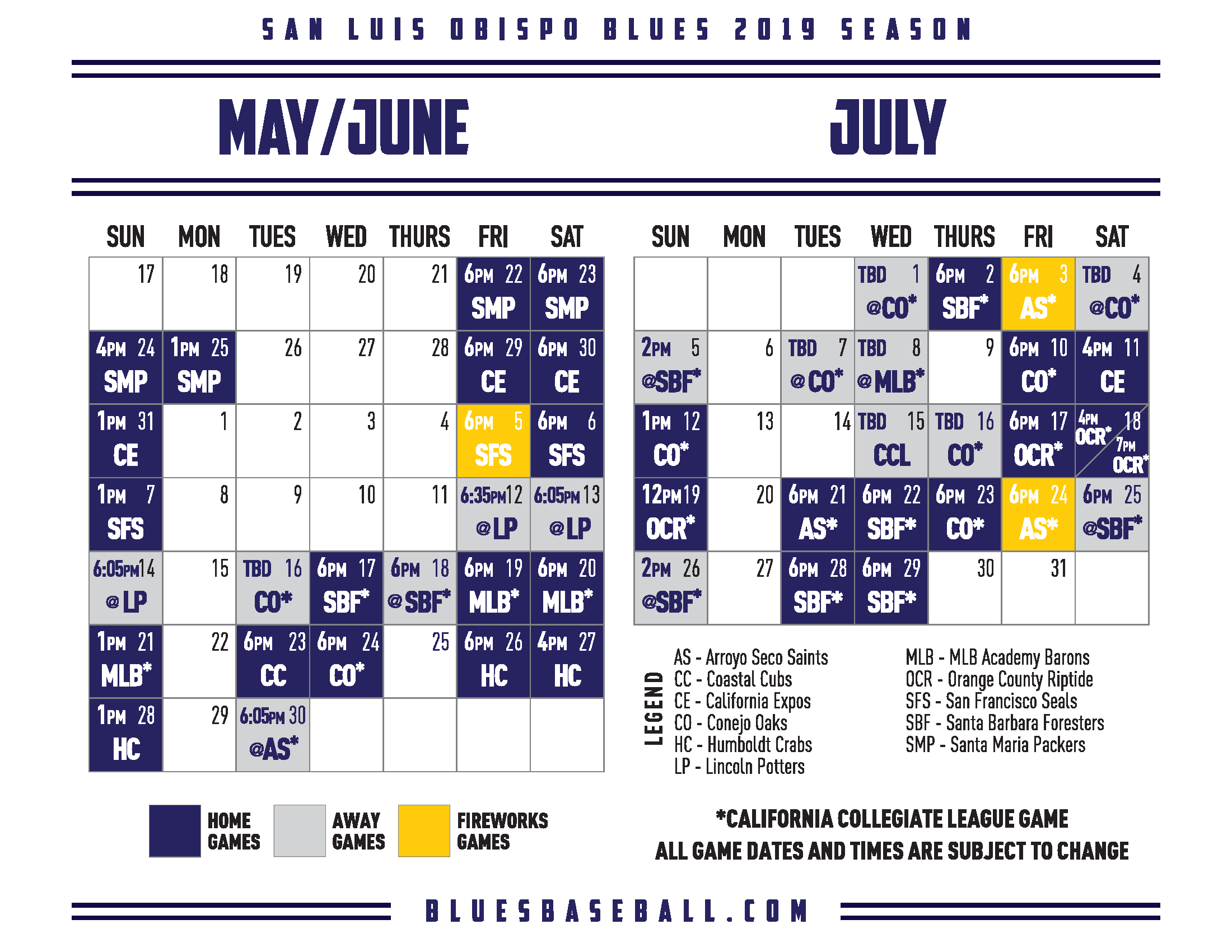 2020 SLO Blues Schedule - Calendar | San Luis Obispo Chamber of Commerce