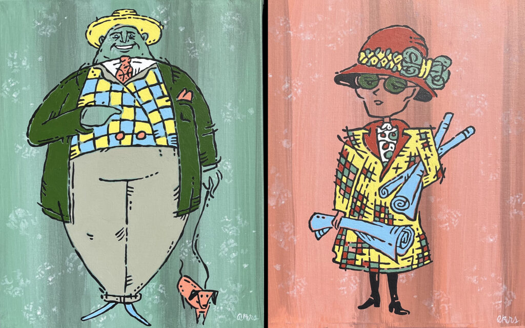 Two color illustrated art pieces. One is of a large man with a yellow hat and his dog, representing Randolph Hearst. The other in of a woman with glasses, and a red hat holding rolled large papers, representing Julio Morgan.