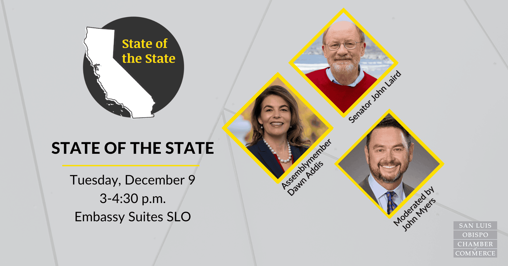 A banner graphic with 3 separate pictures of Senator Laird, Assemblymember Dawn Addis and Moderator John Myers