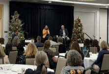 Picture of Senator John Laird and Assemblymember Dawn Addis at a State of the State event at Embassy Suites in San Luis Obispo, Moderated by John Meyers